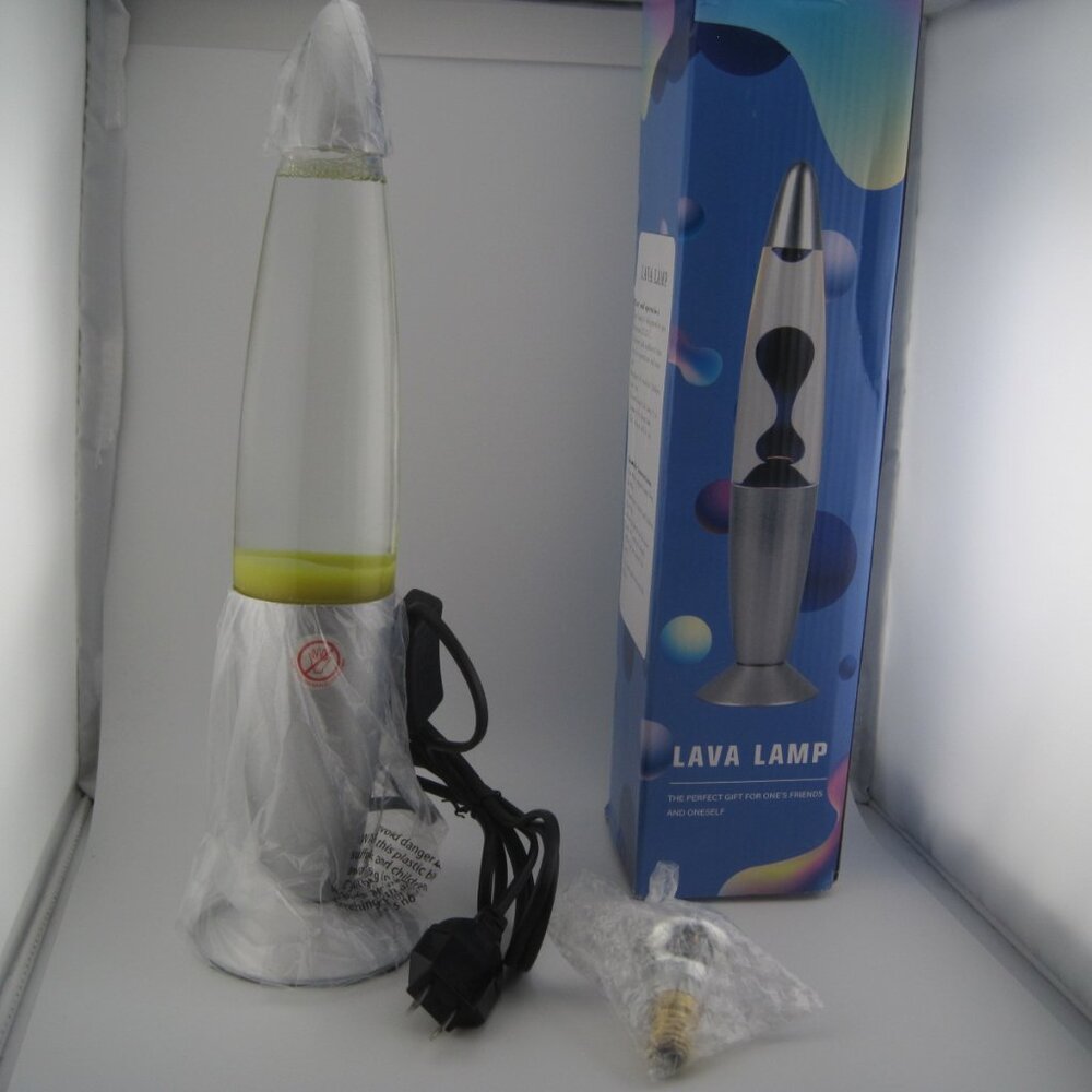 NEW Retro Silver Lava Lamp Light 13.5" Slim Yellow Wax with Light Bulb & Box